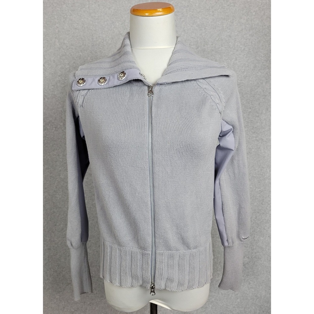 Nike Womens Full Zip Knit Sweater Light Gray Pointelle Back Large
